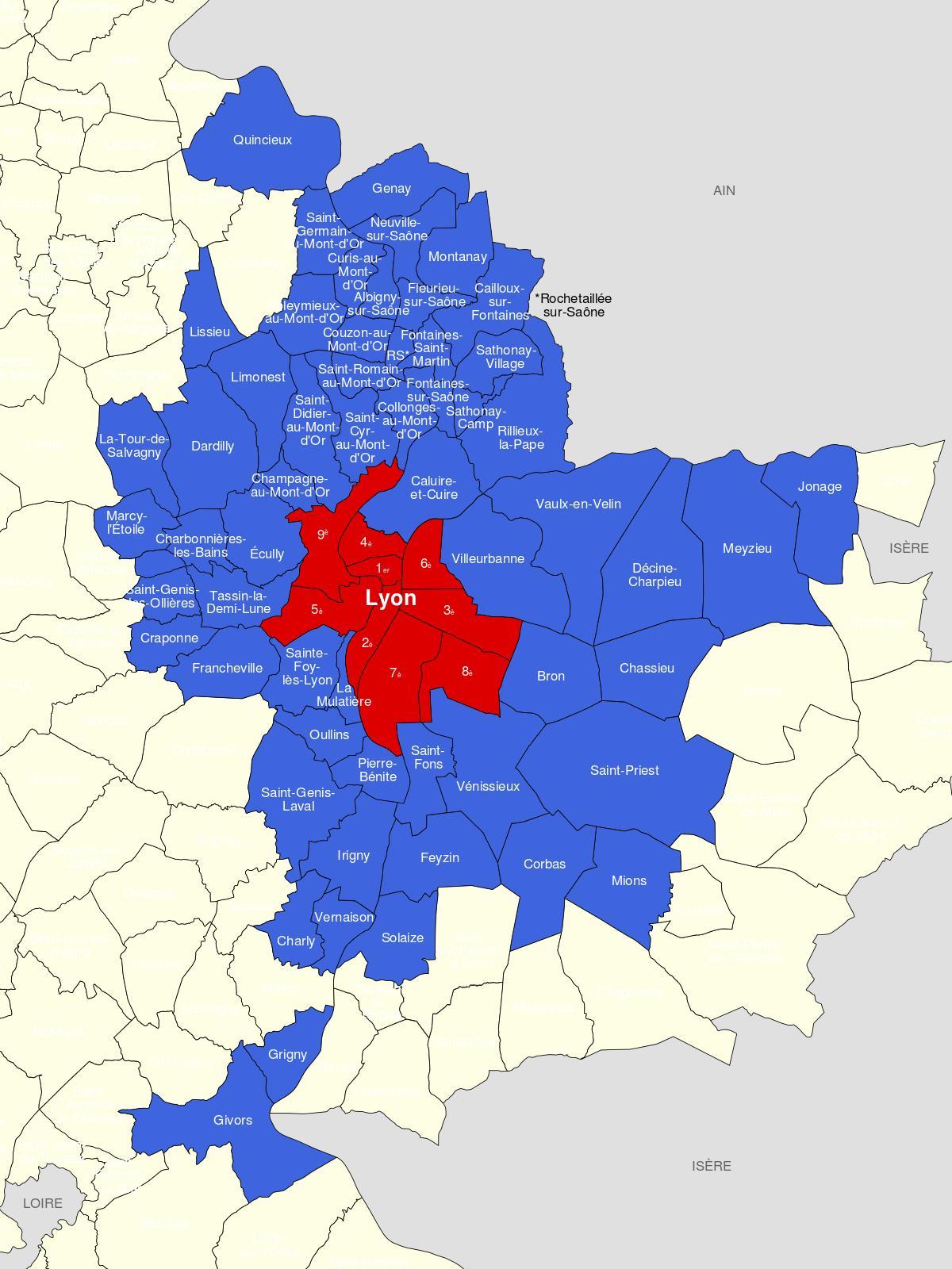 kartta Lyonin esikaupungissa 
